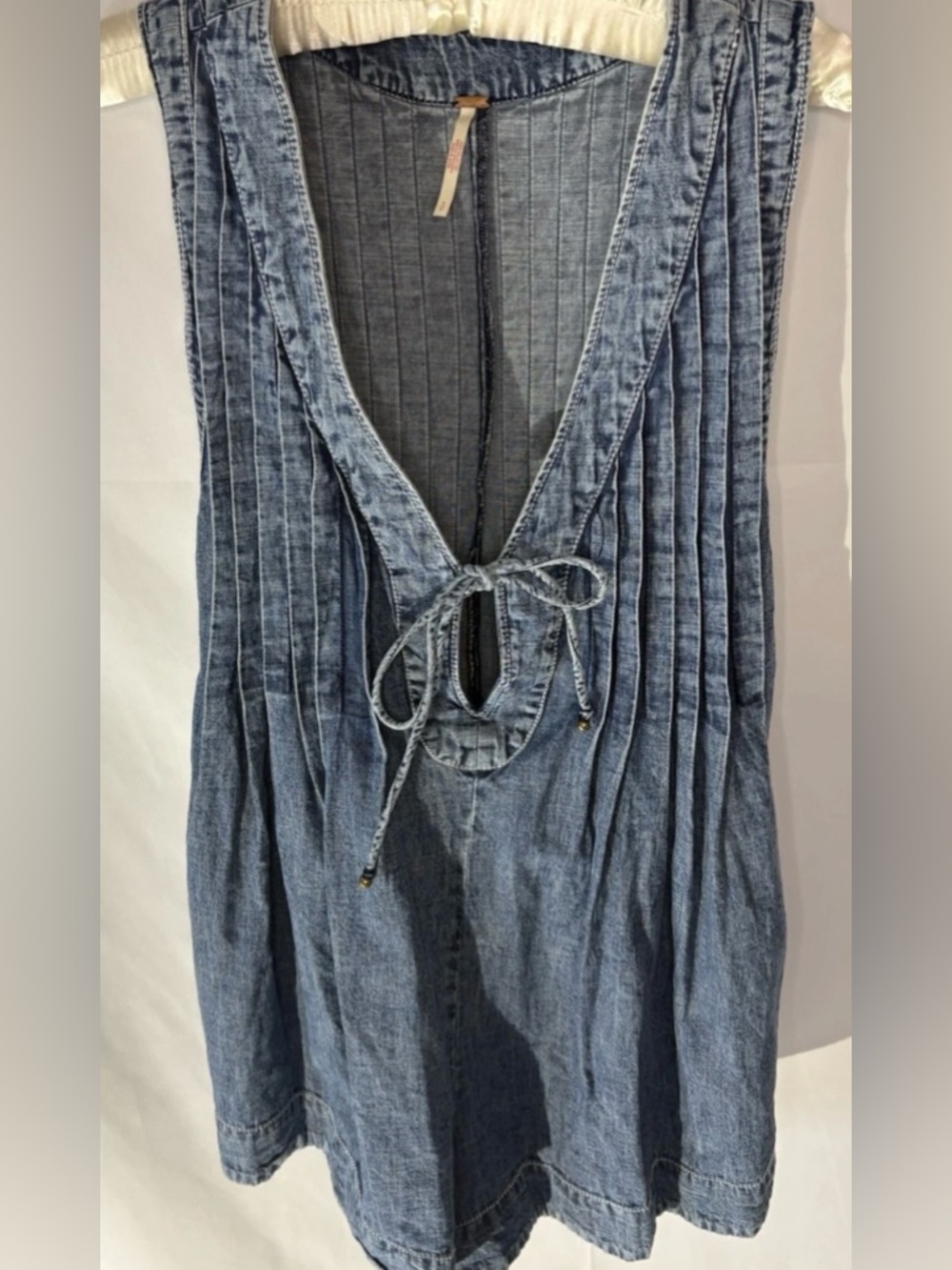 Free People Denim Webster Romper Blue  Women's Small Sleeveless Pintuck - Picture 6 of 16